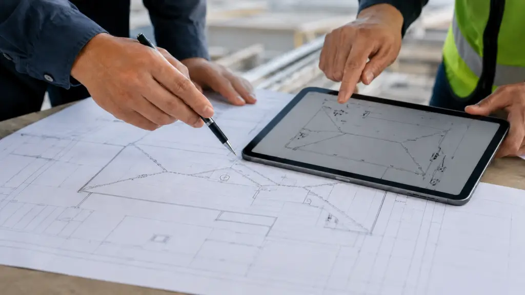 Planer zeichnen in einen Dachplan, daneben ein Tablet mit derselben Zeichnung