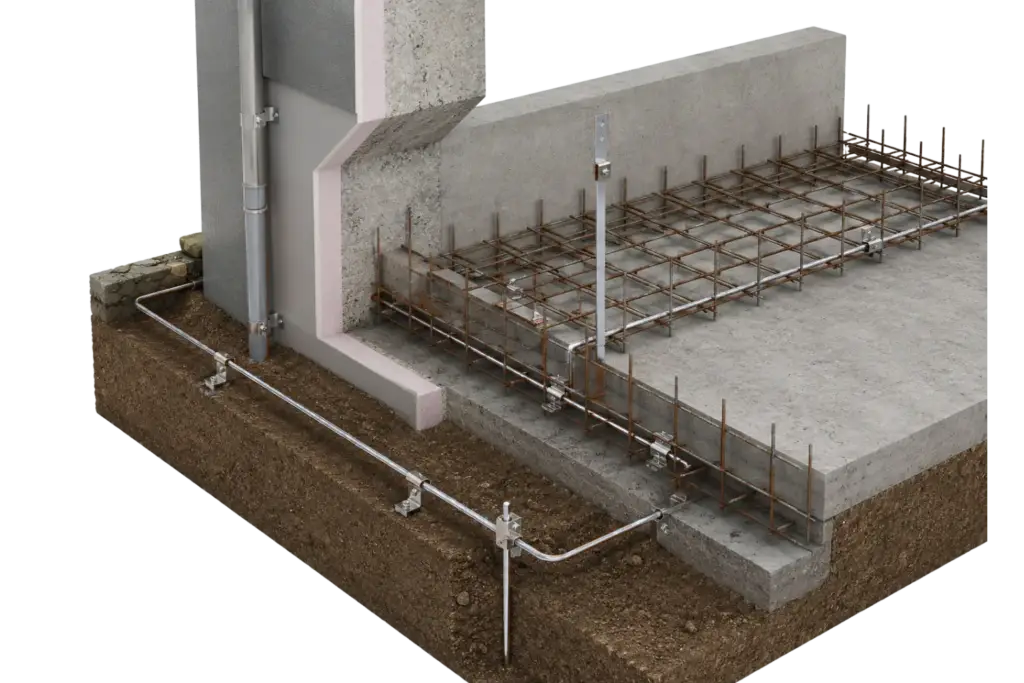 3D-Darstellung: Erdungsanlage mit Fundamenterder in der Bewehrung und Ringerder im Erdreich
