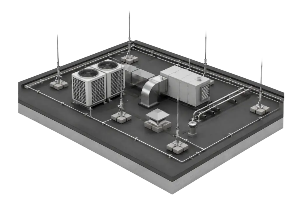 3D-Darstellung: getrenntes Blitzschutzsystem auf einem Flachdach, Fangstangen halten Abstand zu Klimageräten und Lüftung