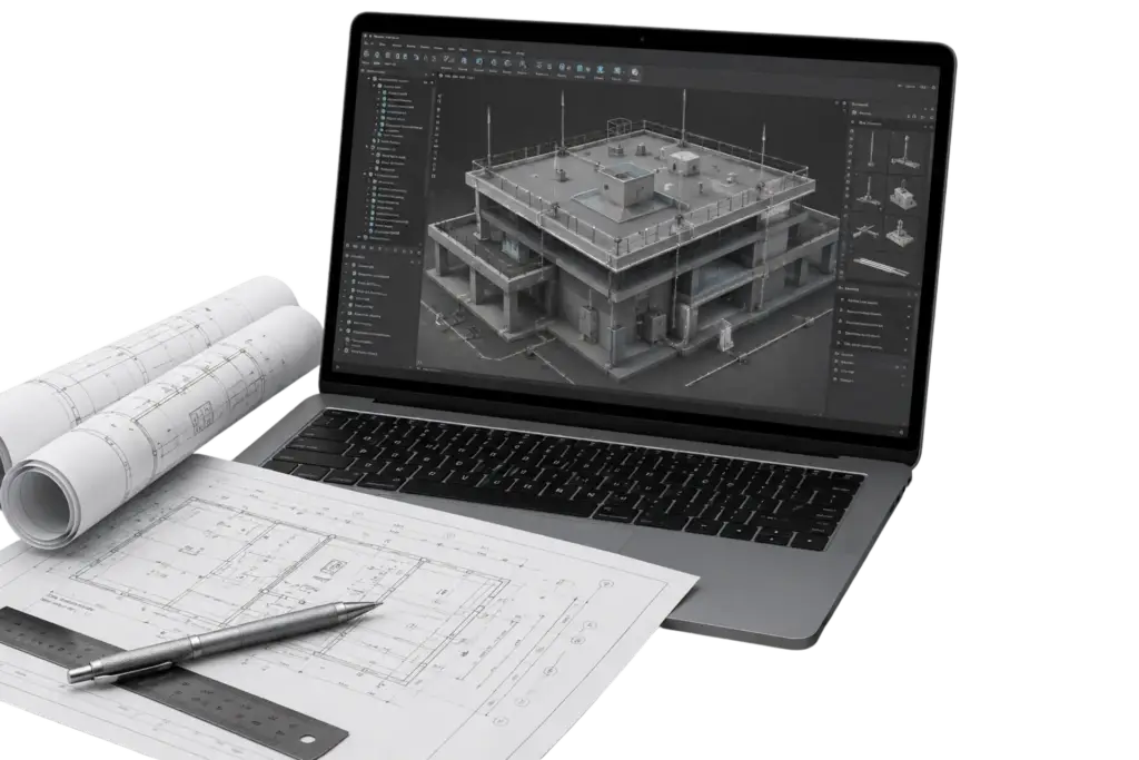 3D-Darstellung: Laptop mit Gebäudemodell samt Blitzschutzanlage, daneben Baupläne